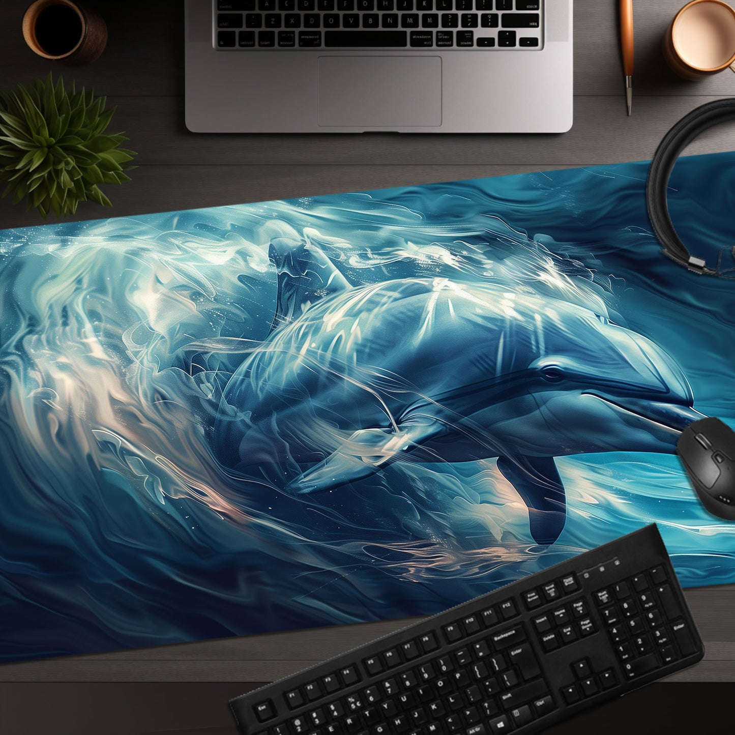 Blue Dolphin Swirling In The Ocean Extended XL Gaming Mouse Pad