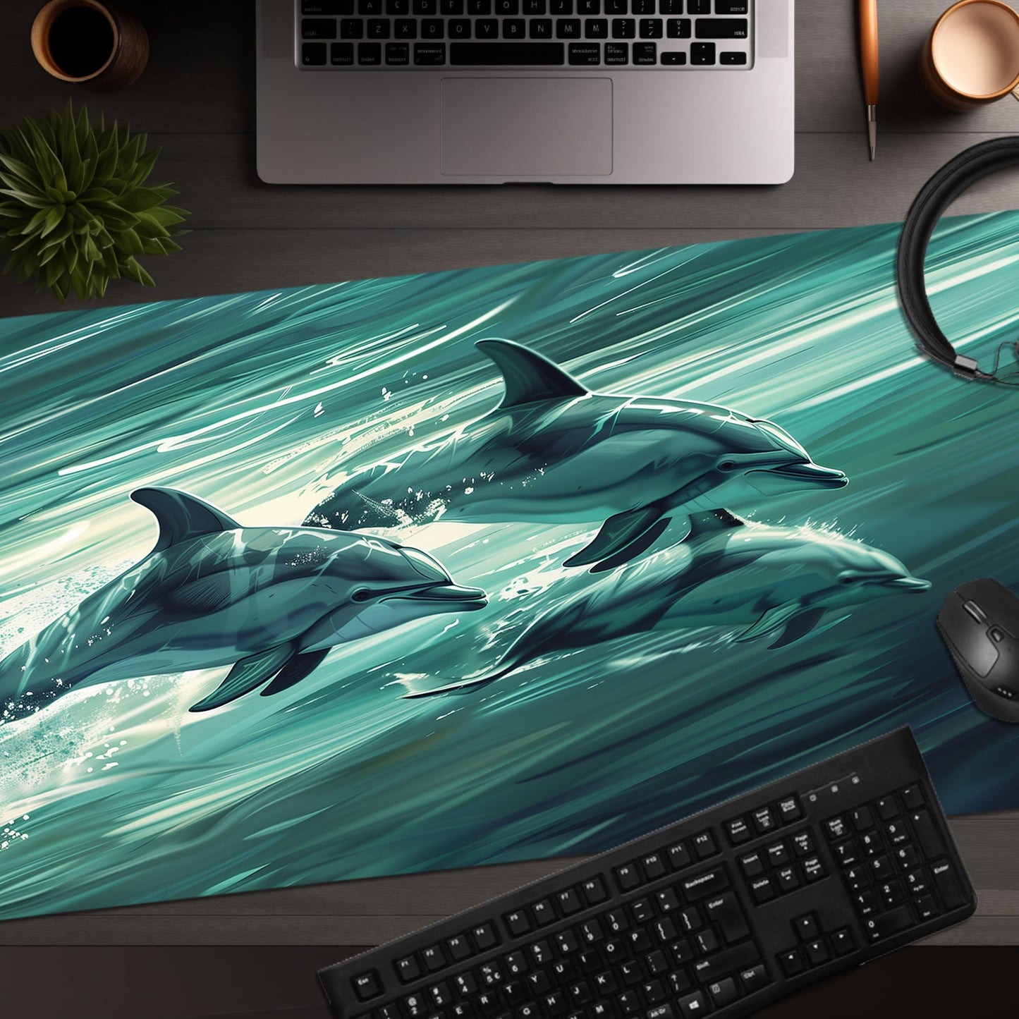 Dolphin Pod Trio Swimming Together Extended XL Gaming Mouse Pad