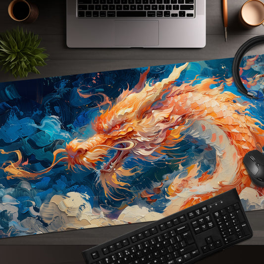 Fire Orange Dragon White Blue Extended XL Gaming Mouse Pad