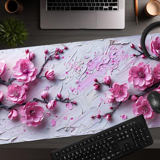 Impasto Style Cherry Blossoms White Pink Extended XL Gaming Mouse Pad