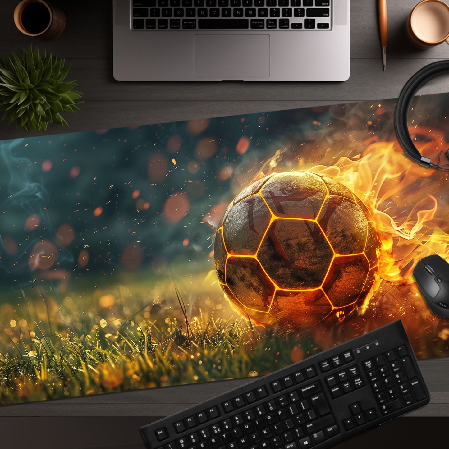 Fiery Soccer Ball Football Extended XL Gaming Mouse Pad