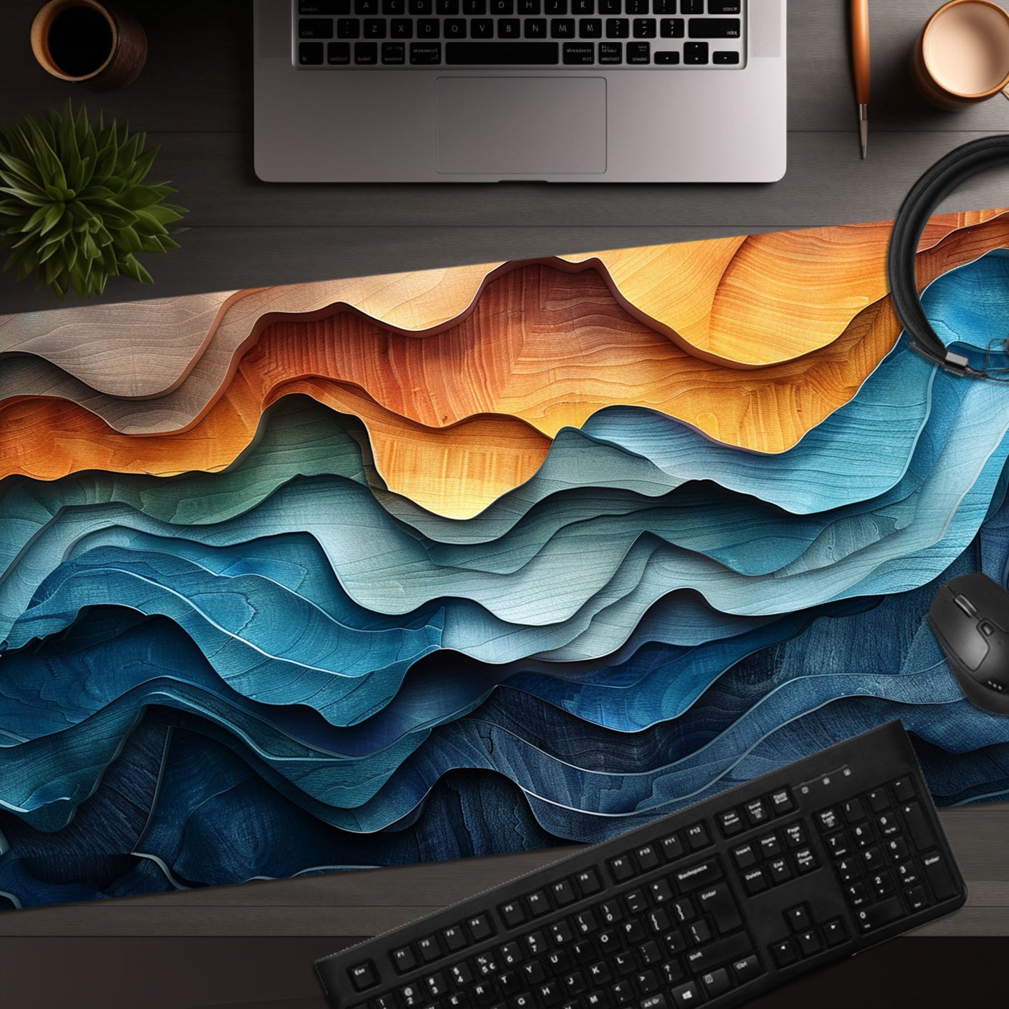 Boho Abstract Wood Landscape Desk Mat, Mountain Ocean and Steps Extended XL Gaming Mouse Pad