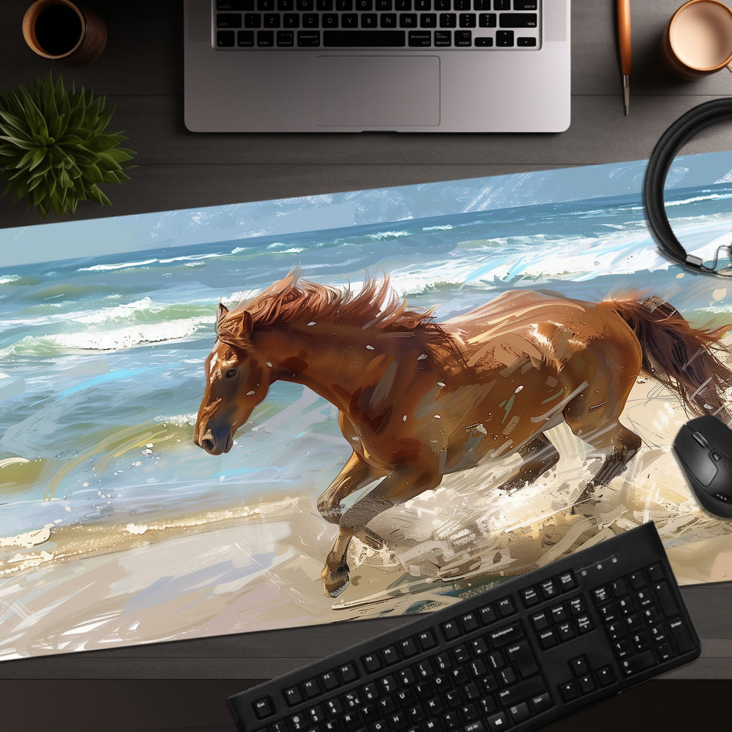 Wild Horse Oceanside Landscape Desk Mat, North Carolina Inspiration Extended XL Gaming Mouse Pad