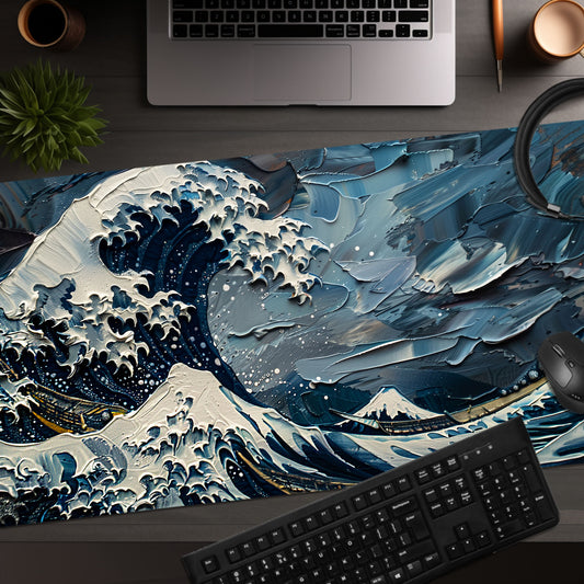 Impasto Style The Great Wave Hokusai Dark Blue Version Extended XL Gaming Mouse Pad