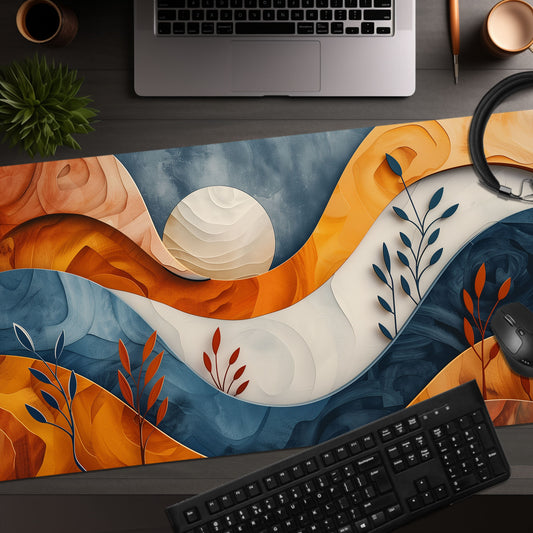 Boho Abstract Wood Landscape Desk Mat, Mountain Ocean and Moon Extended XL Gaming Mouse Pad