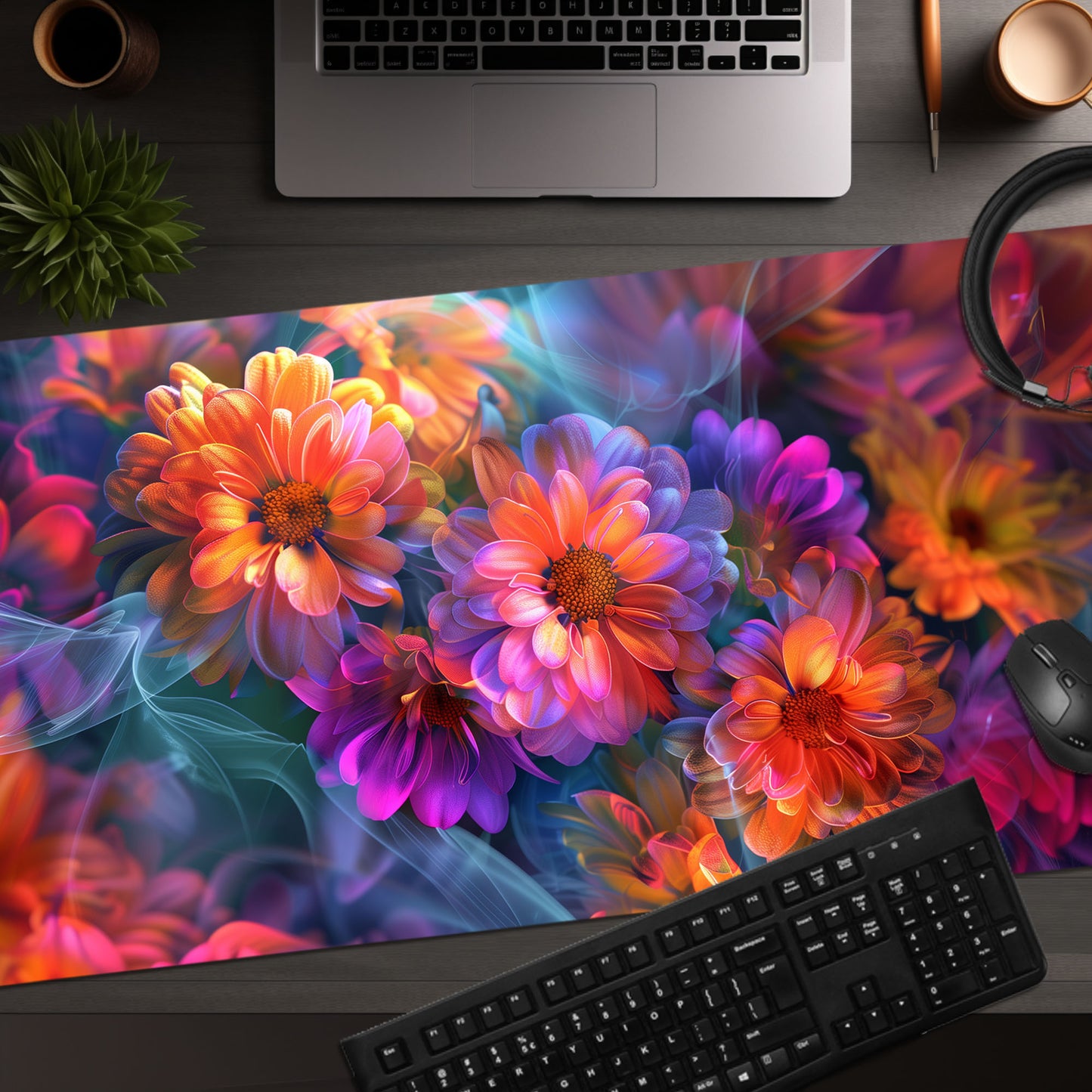 Fluorescent Neon Pop Chrysanthemum Floral Extended XL Gaming Mouse Pad