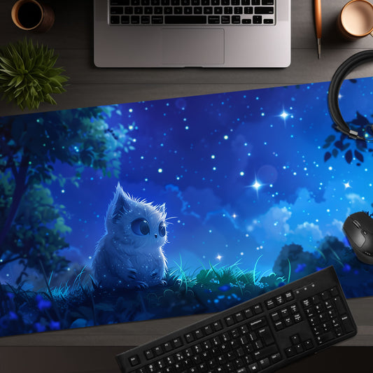 Kawaii Style Magical Owl Cat Dreaming In The Night Creature Extended XL Gaming Mouse Pad