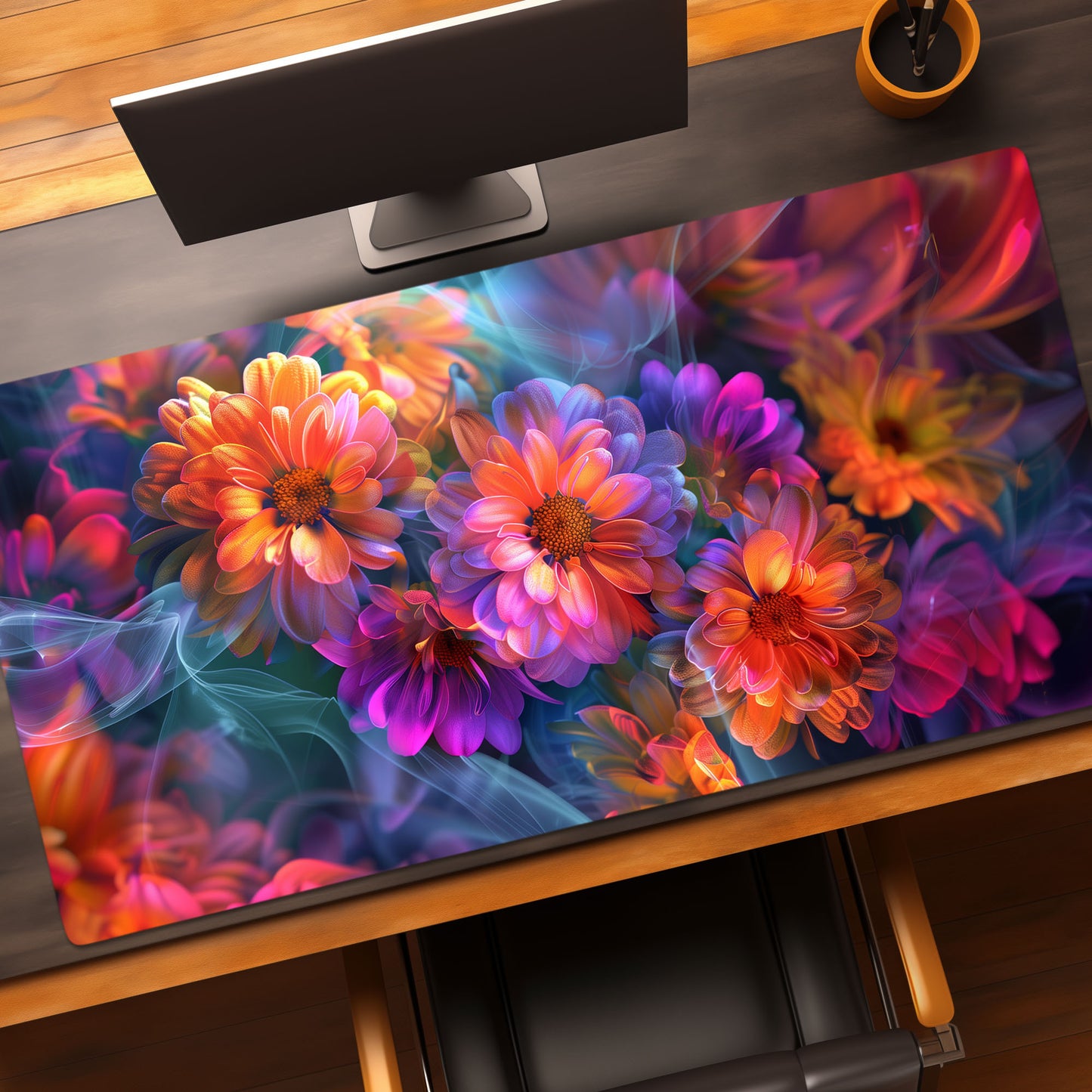 Fluorescent Neon Pop Chrysanthemum Floral Extended XL Gaming Mouse Pad