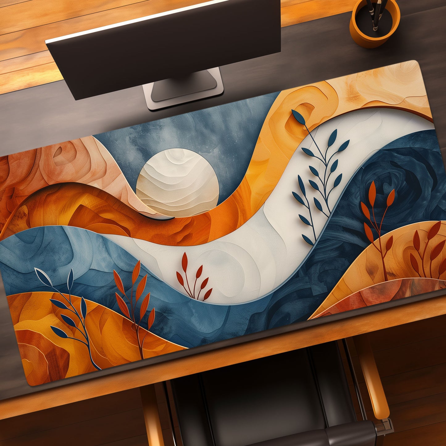 Boho Abstract Wood Landscape Desk Mat, Mountain Ocean and Moon Extended XL Gaming Mouse Pad