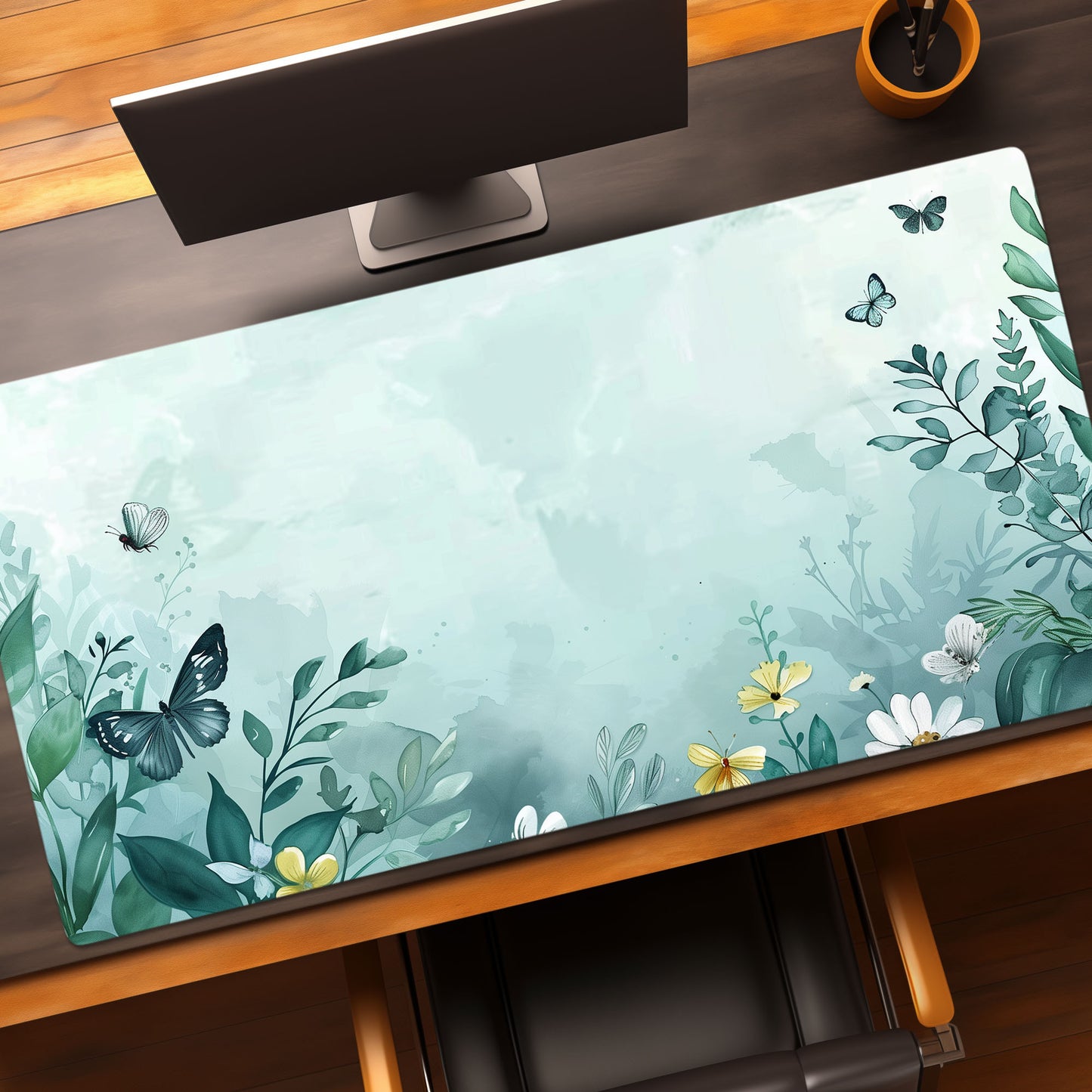 Aqua Blue Floral Butterfly Misty Extended XL Gaming Mouse Pad