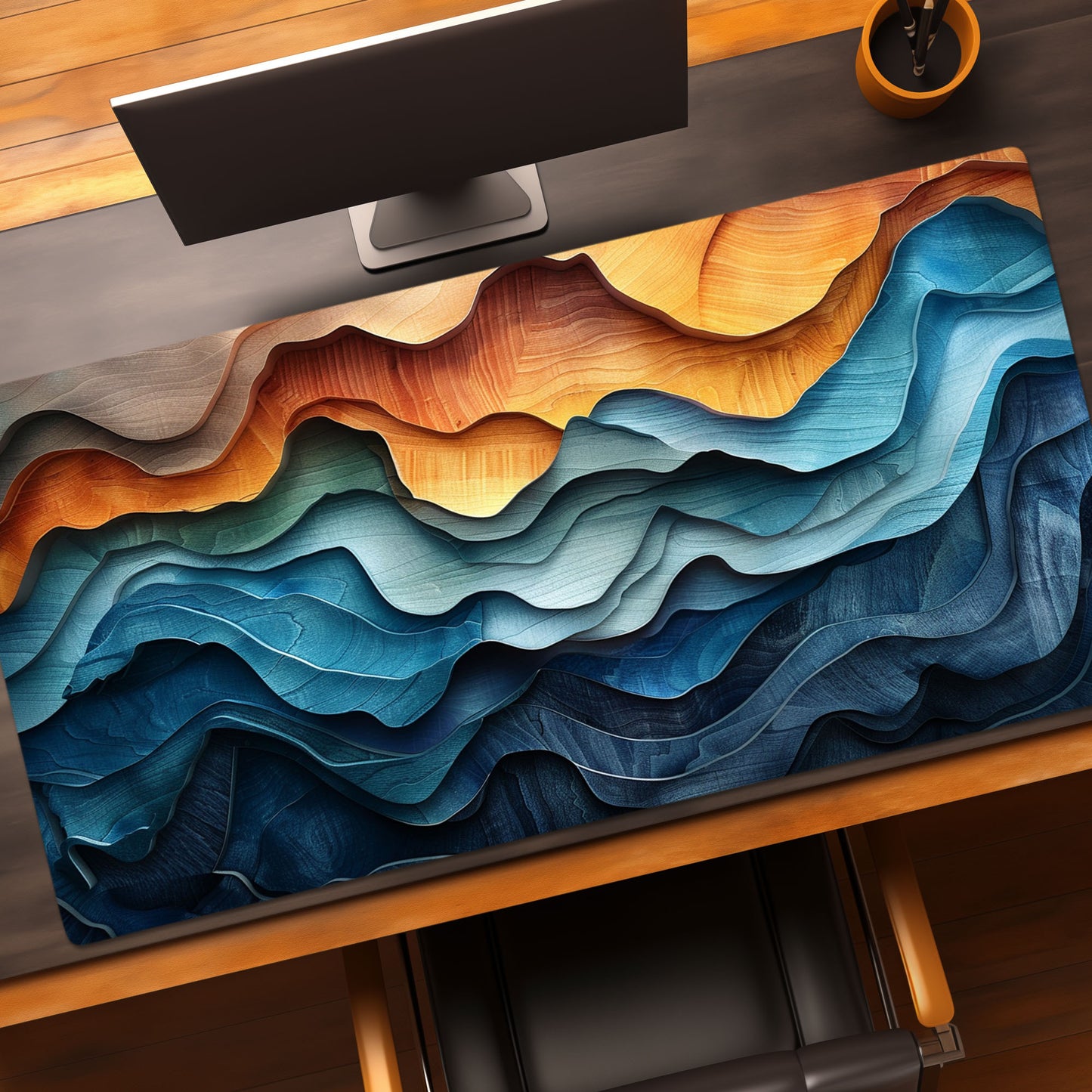 Boho Abstract Wood Landscape Desk Mat, Mountain Ocean and Steps Extended XL Gaming Mouse Pad