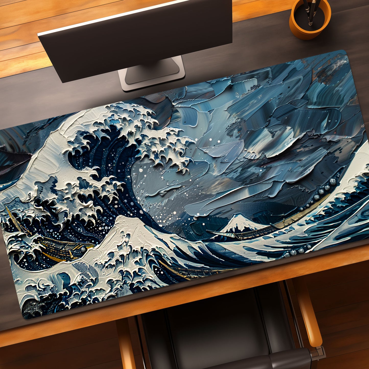 Impasto Style The Great Wave Hokusai Dark Blue Version Extended XL Gaming Mouse Pad