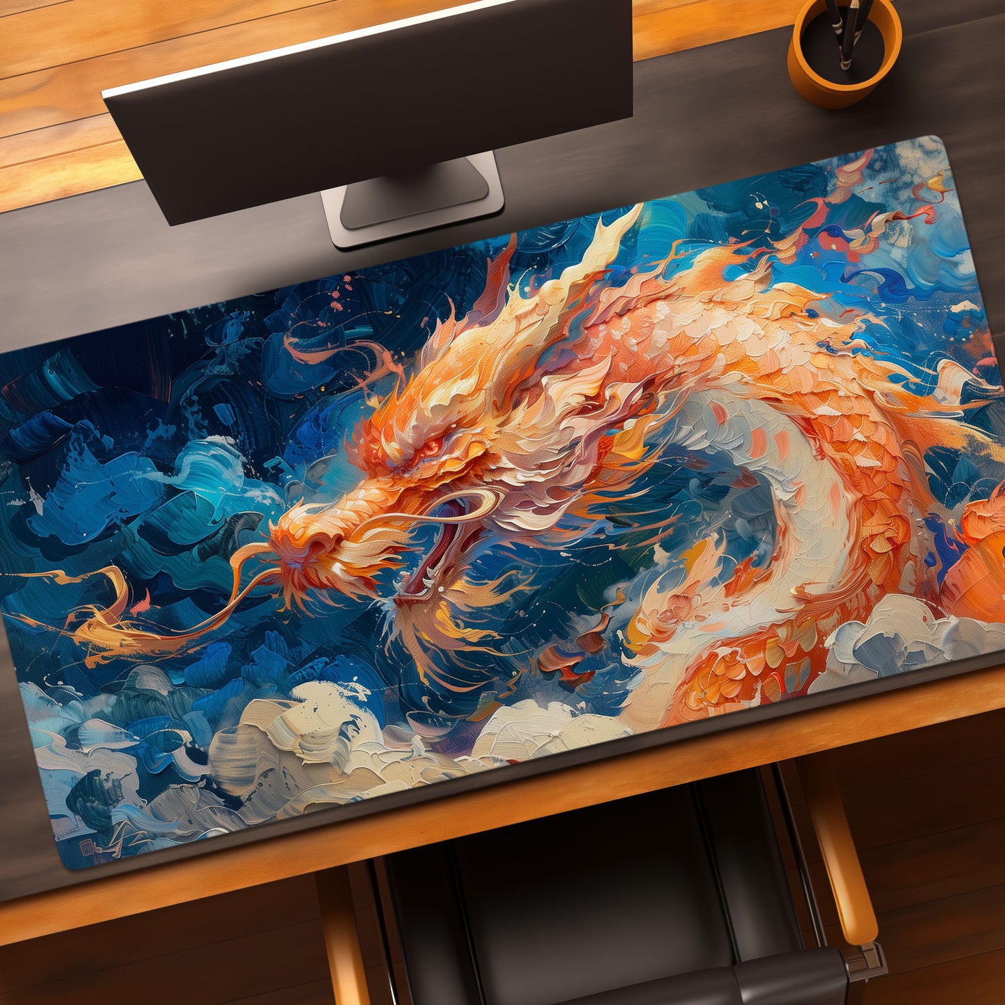 Fire Orange Dragon White Blue Extended XL Gaming Mouse Pad