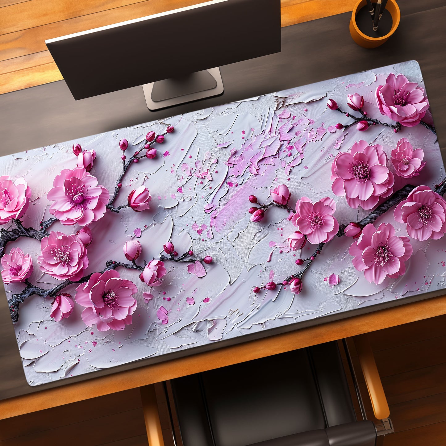 Impasto Style Cherry Blossoms White Pink Extended XL Gaming Mouse Pad