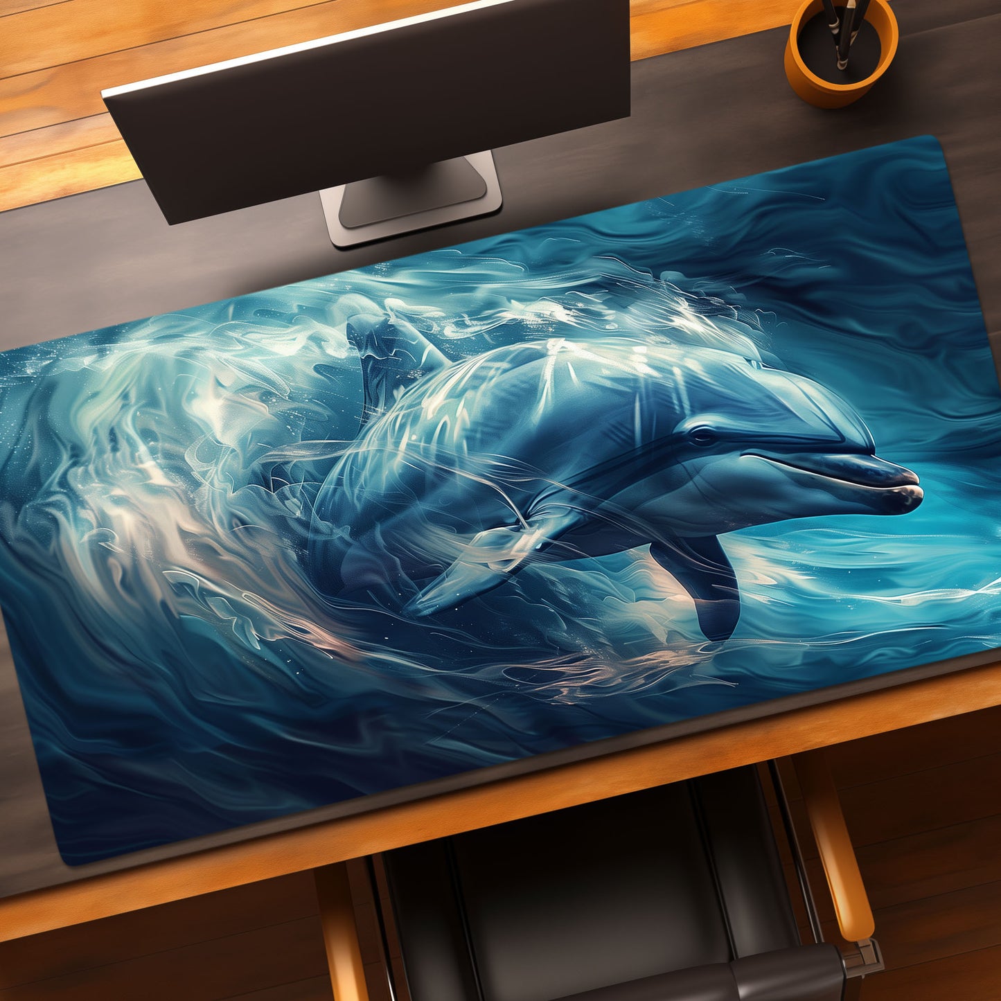 Blue Dolphin Swirling In The Ocean Extended XL Gaming Mouse Pad