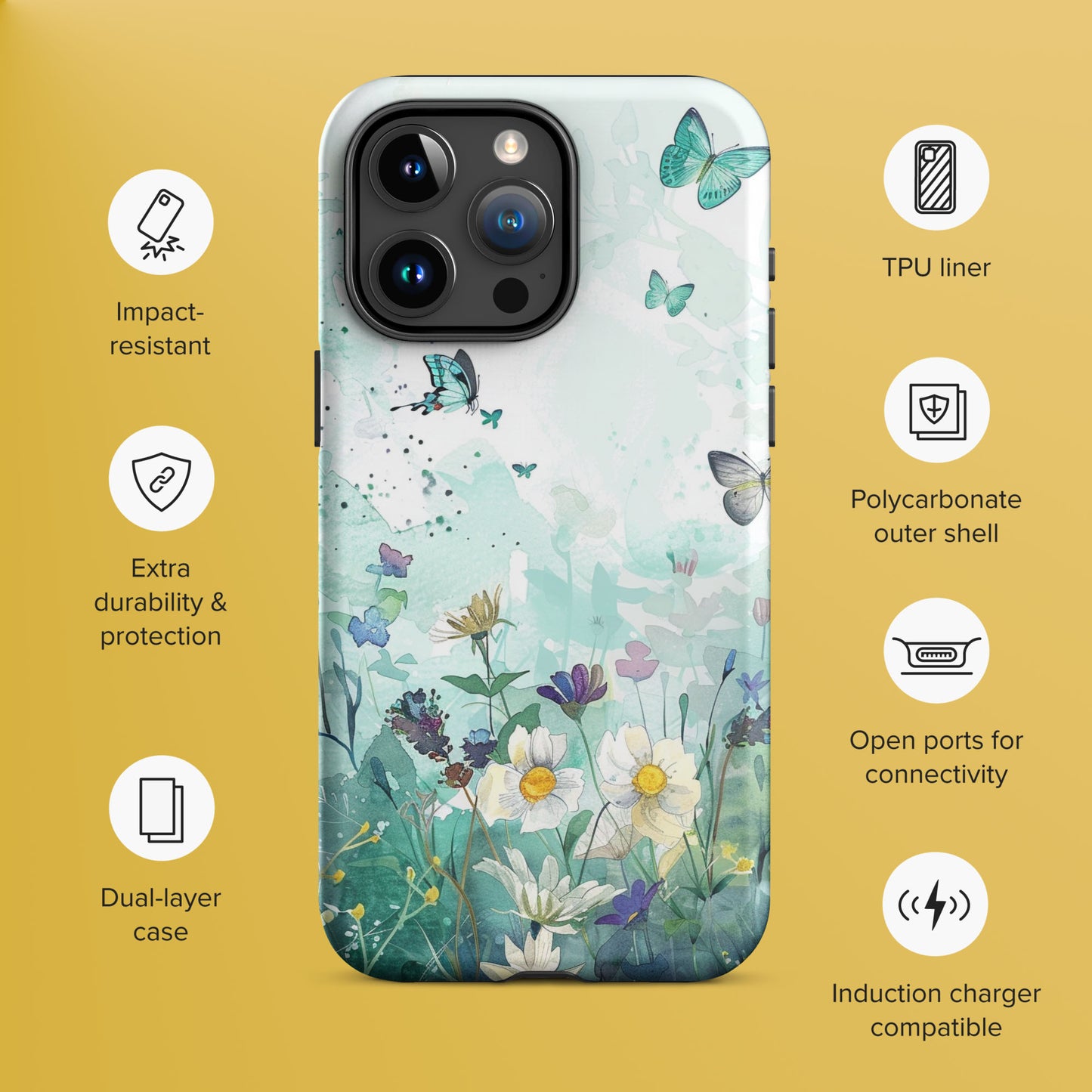 Blue Watercolor Wildflower Butterfly Tough Case For iPhone