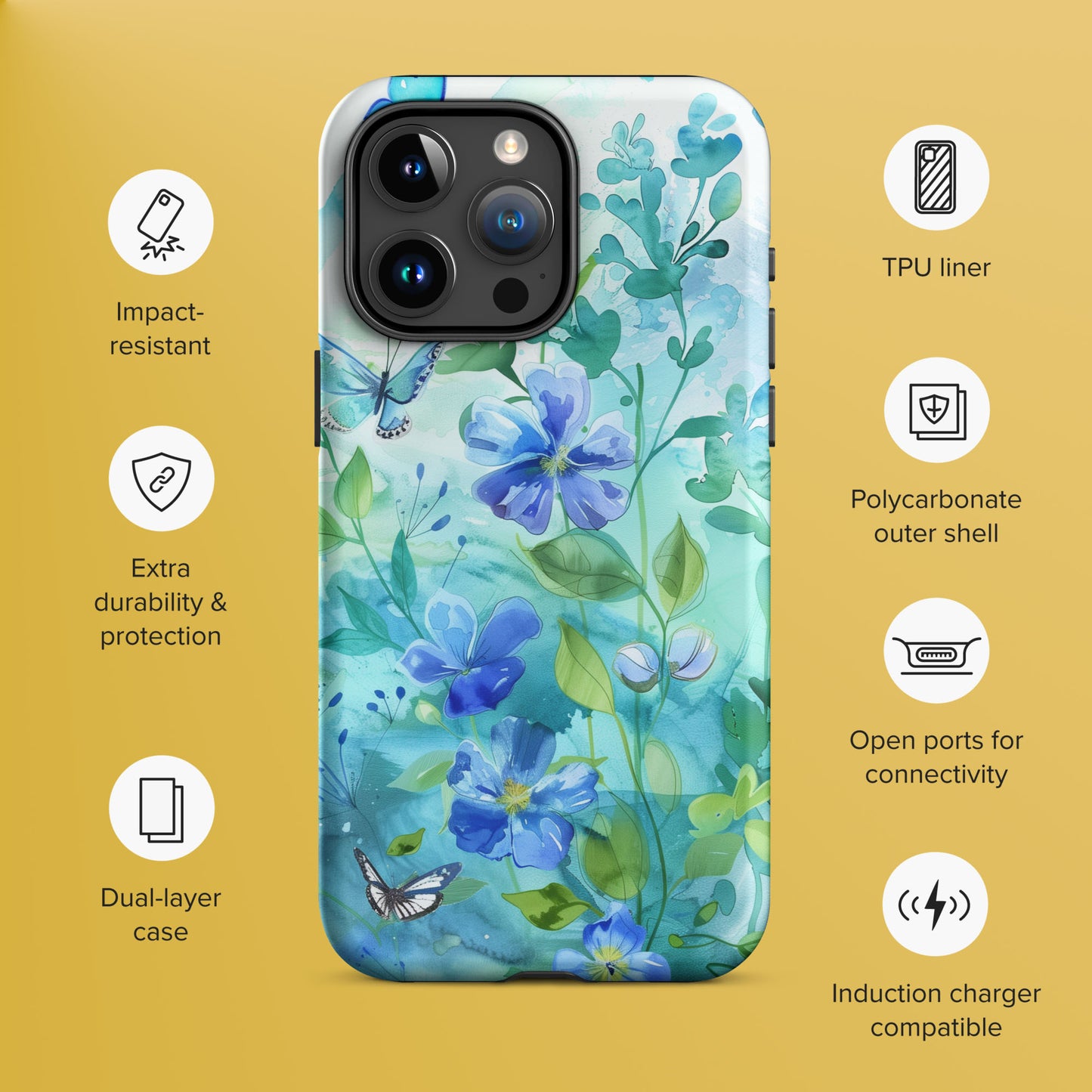 Blue Butterfly Spring Floral Tough Case For iPhone