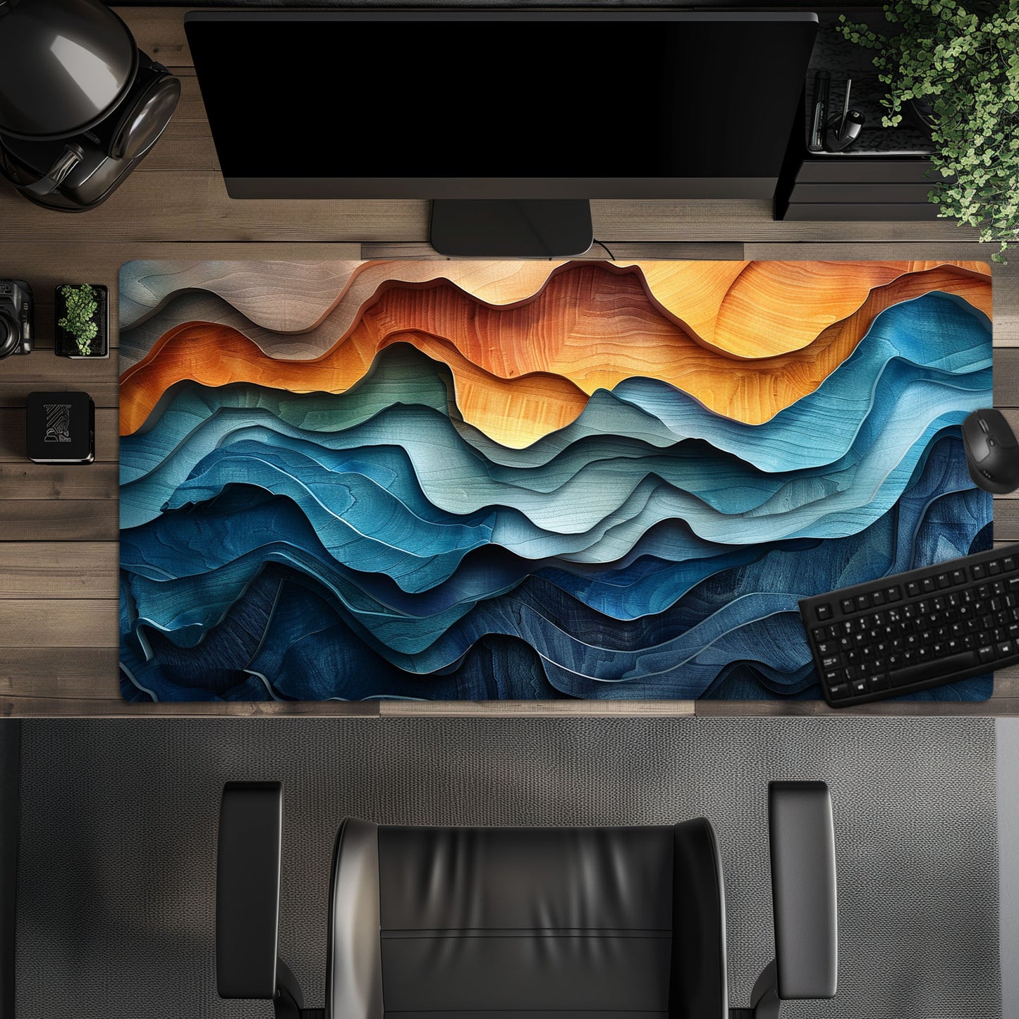 Boho Abstract Wood Landscape Desk Mat, Mountain Ocean and Steps Extended XL Gaming Mouse Pad