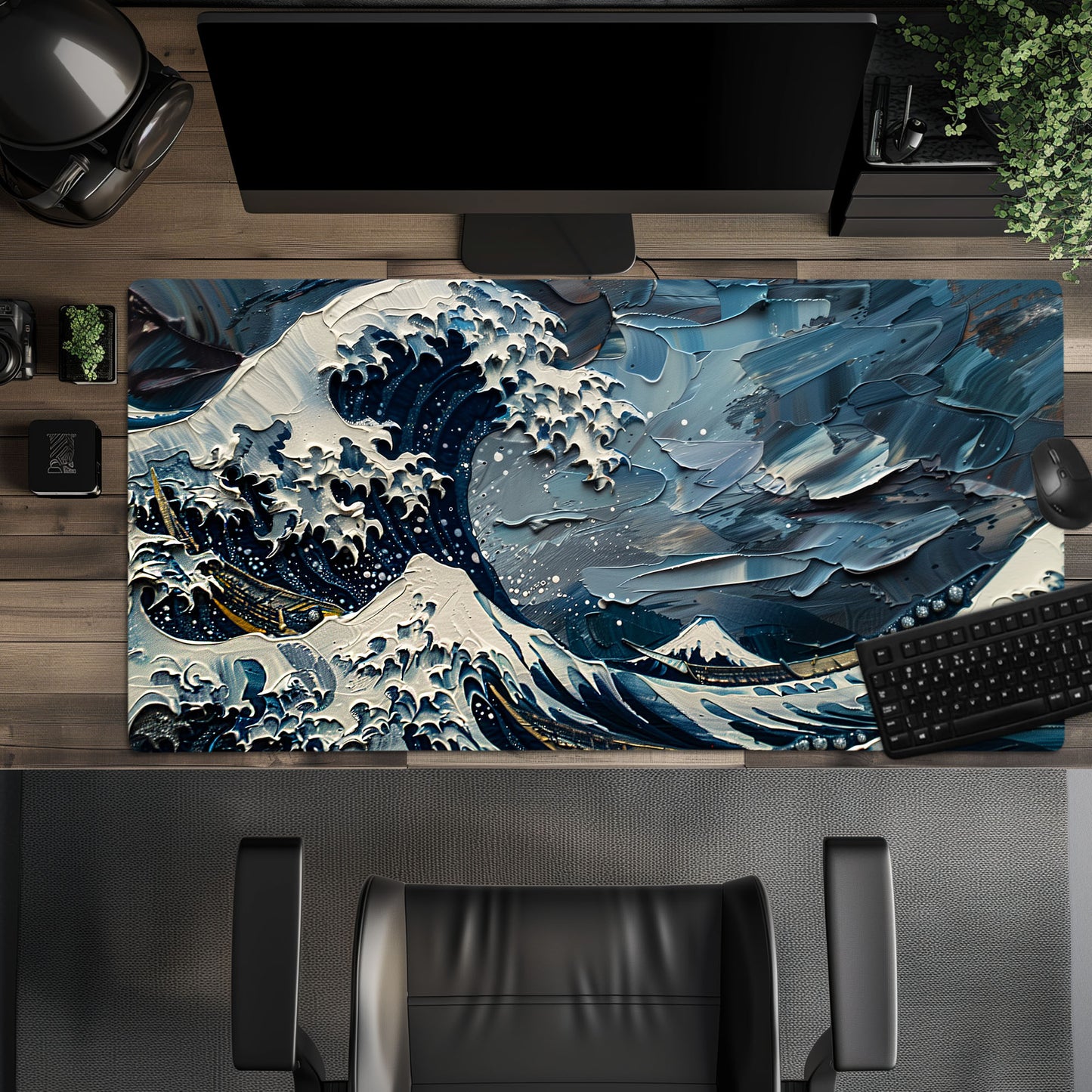 Impasto Style The Great Wave Hokusai Dark Blue Version Extended XL Gaming Mouse Pad