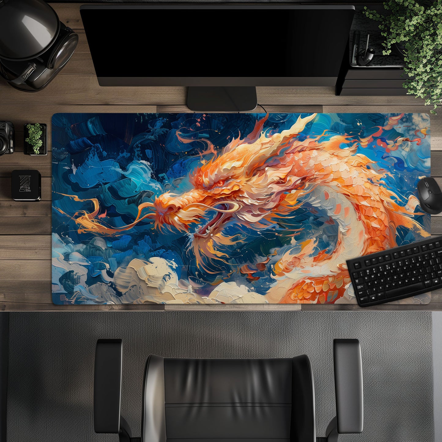 Fire Orange Dragon White Blue Extended XL Gaming Mouse Pad