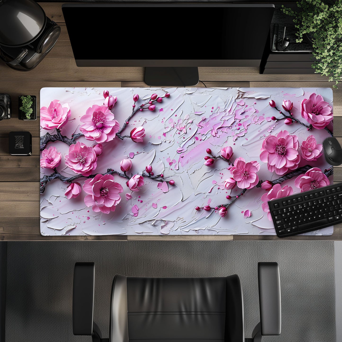 Impasto Style Cherry Blossoms White Pink Extended XL Gaming Mouse Pad