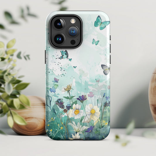 Blue Watercolor Wildflower Butterfly Tough Case For iPhone