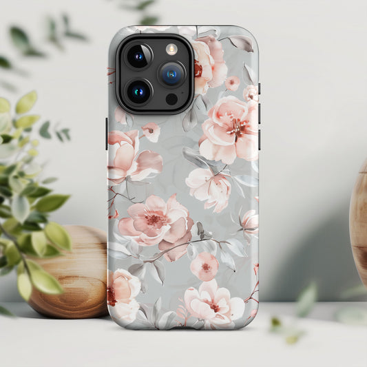 Gray & Pink Floral Tough Case For iPhone