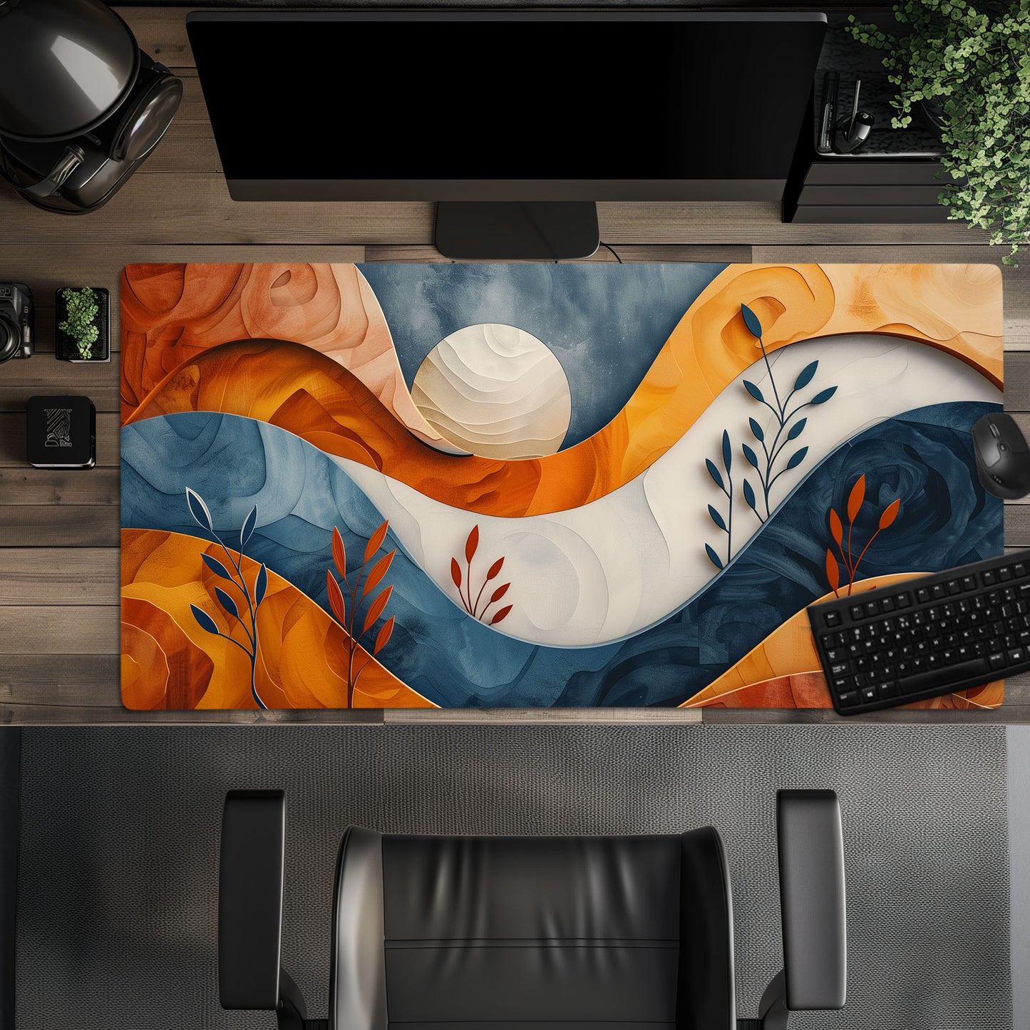 Boho Abstract Wood Landscape Desk Mat, Mountain Ocean and Moon Extended XL Gaming Mouse Pad