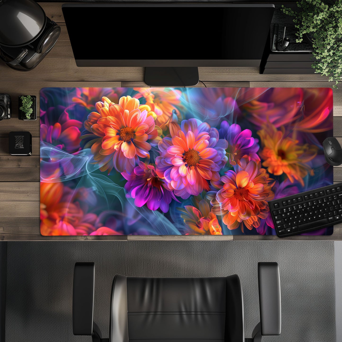 Fluorescent Neon Pop Chrysanthemum Floral Extended XL Gaming Mouse Pad