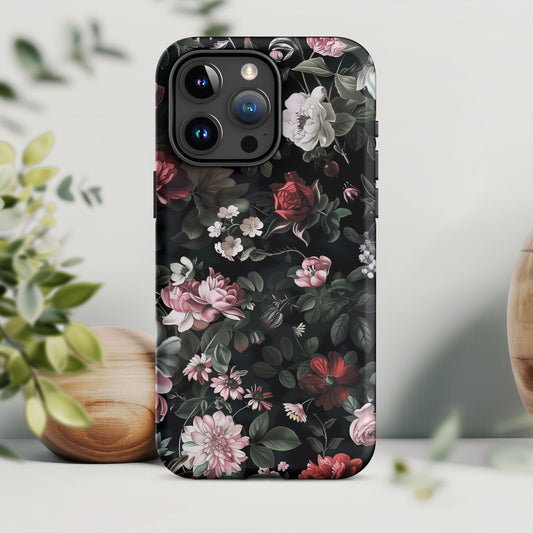 Black White and Pink Rose Floral Tough Case For iPhone