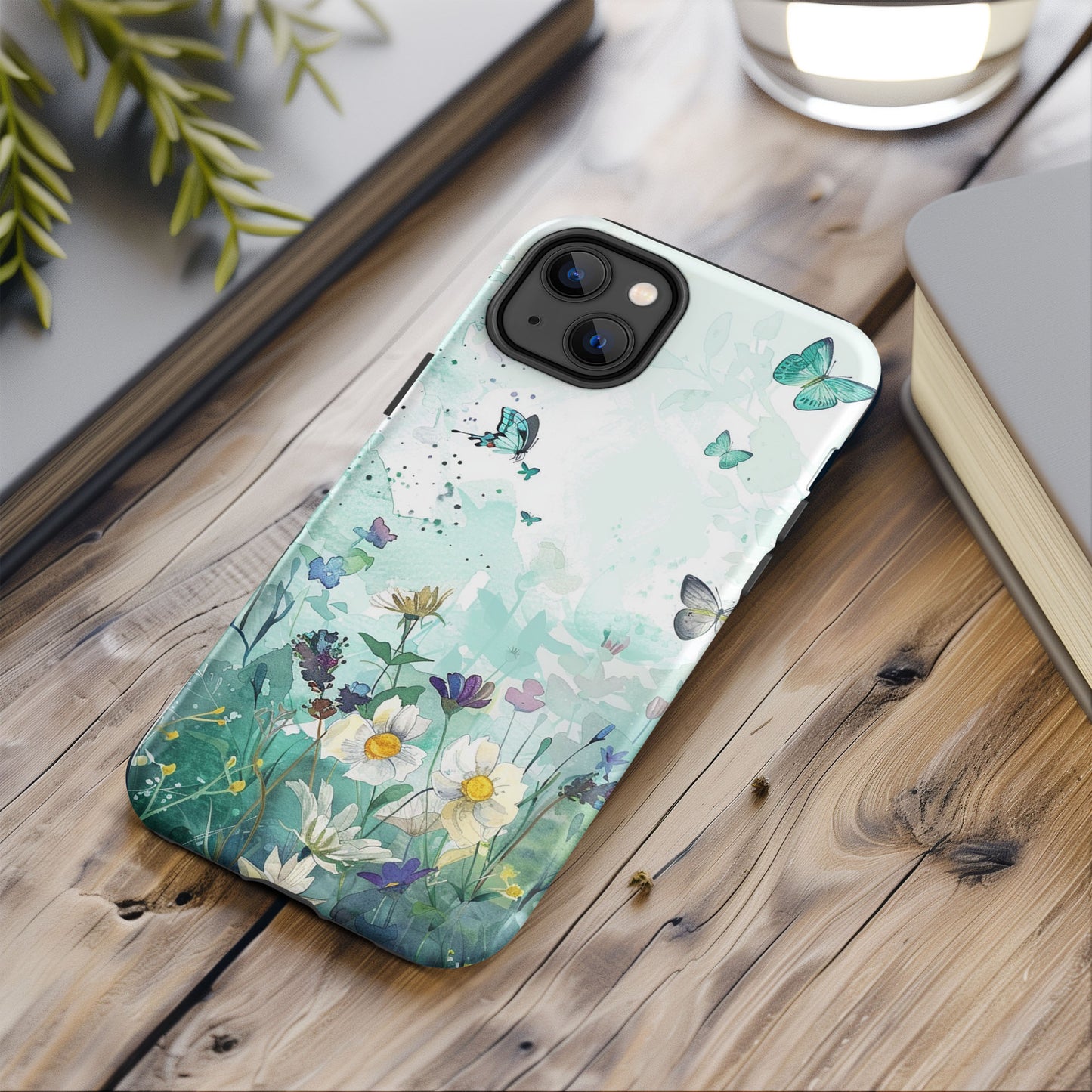 Blue Watercolor Wildflower Butterfly Tough Case For iPhone