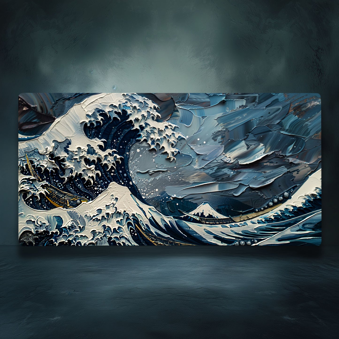 Impasto Style The Great Wave Hokusai Dark Blue Version Extended XL Gaming Mouse Pad