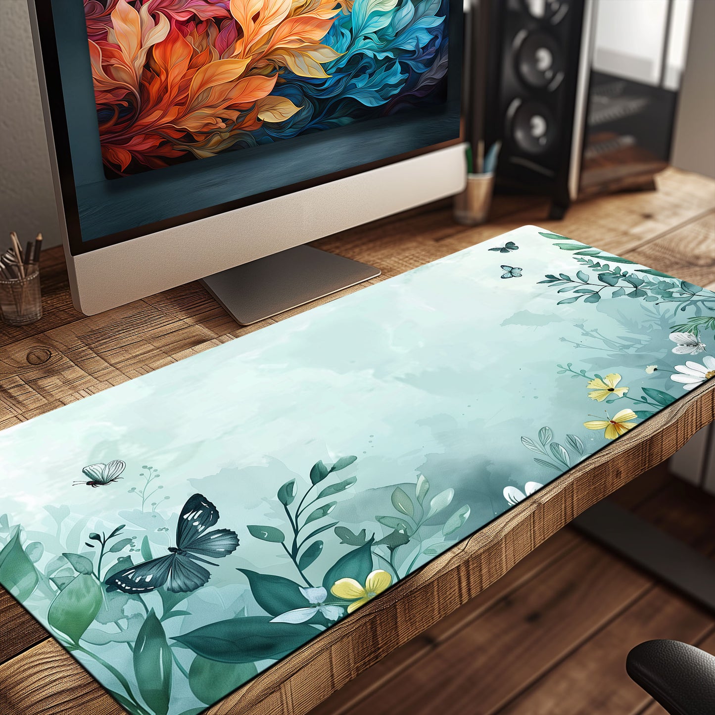 Aqua Blue Floral Butterfly Misty Extended XL Gaming Mouse Pad