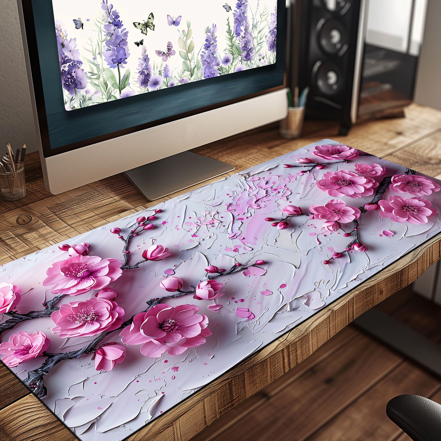 Impasto Style Cherry Blossoms White Pink Extended XL Gaming Mouse Pad