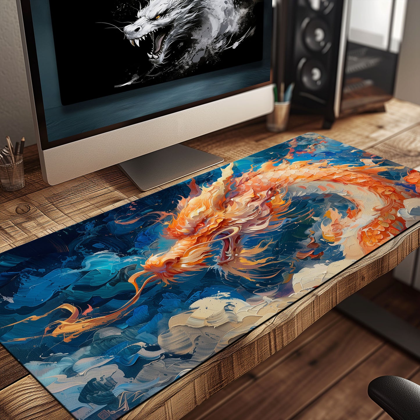 Fire Orange Dragon White Blue Extended XL Gaming Mouse Pad