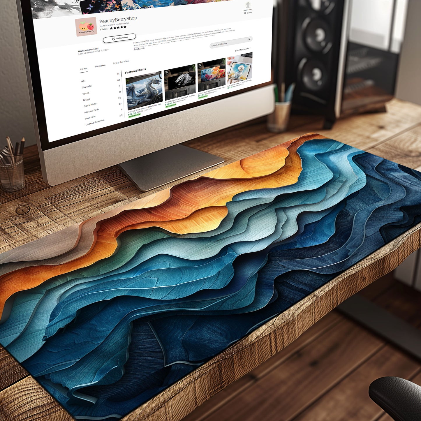 Boho Abstract Wood Landscape Desk Mat, Mountain Ocean and Steps Extended XL Gaming Mouse Pad