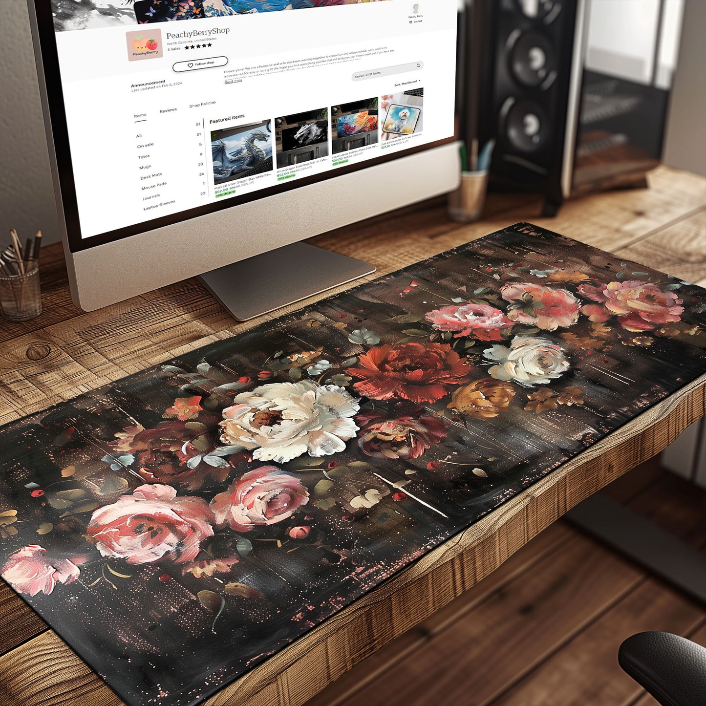 Cottagecore Rustic Roses Floral Extended XL Gaming Mouse Pad