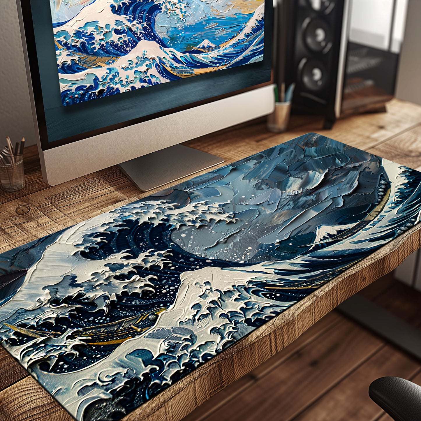 Impasto Style The Great Wave Hokusai Dark Blue Version Extended XL Gaming Mouse Pad