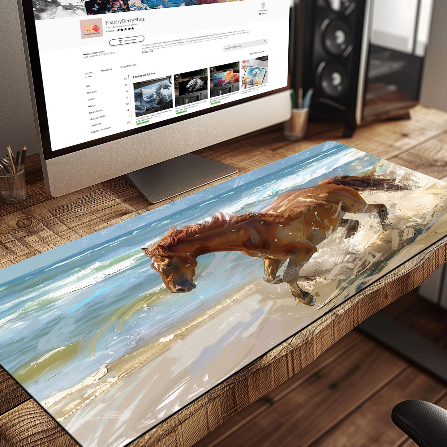 Wild Horse Oceanside Landscape Desk Mat, North Carolina Inspiration Extended XL Gaming Mouse Pad