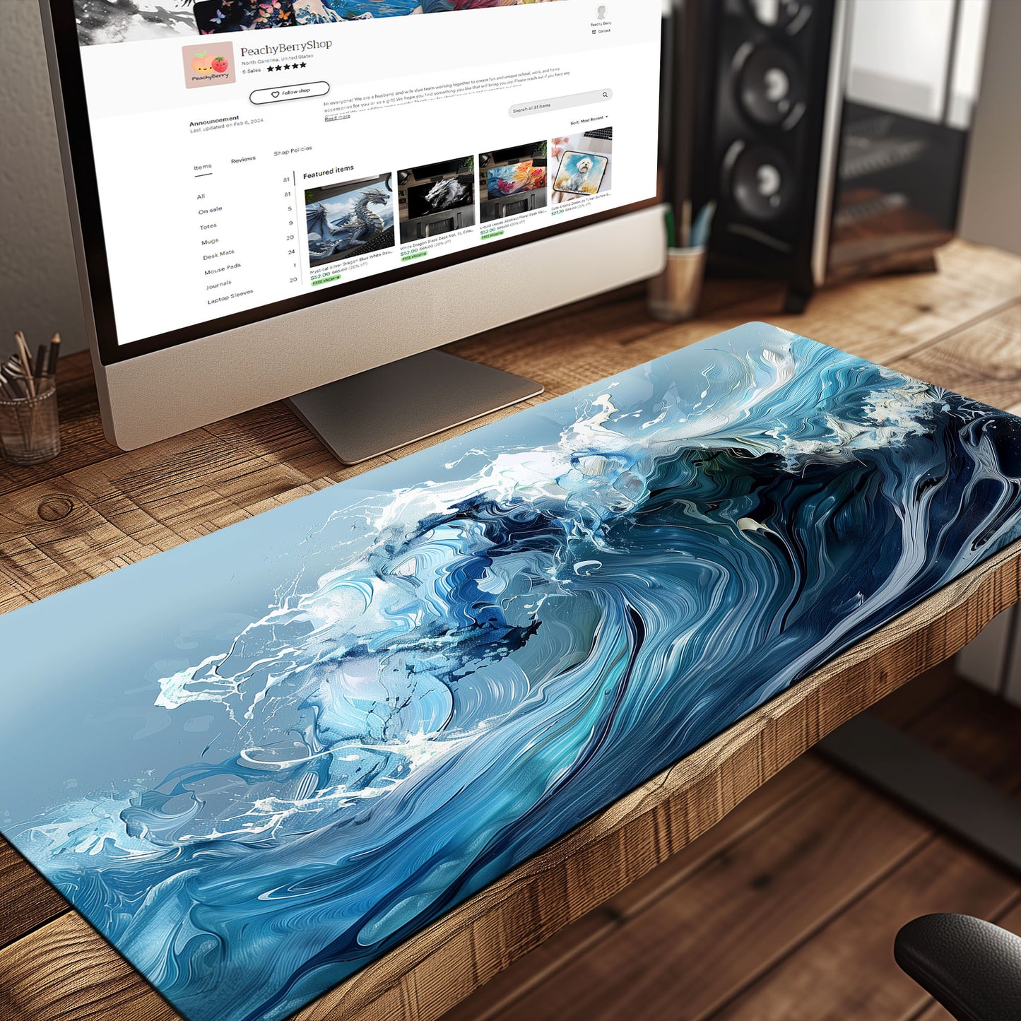 Liquid Paint Powerful Blue Wave Extended XL Gaming Mouse Pad