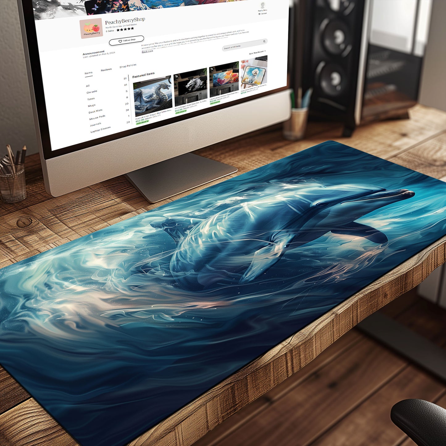 Blue Dolphin Swirling In The Ocean Extended XL Gaming Mouse Pad