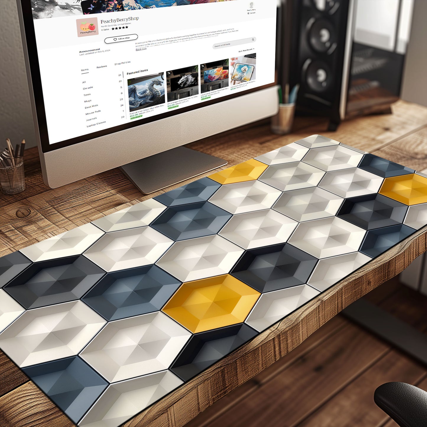 3D Abstract Honeycomb Hexagon Extended XL Gaming Mouse Pad