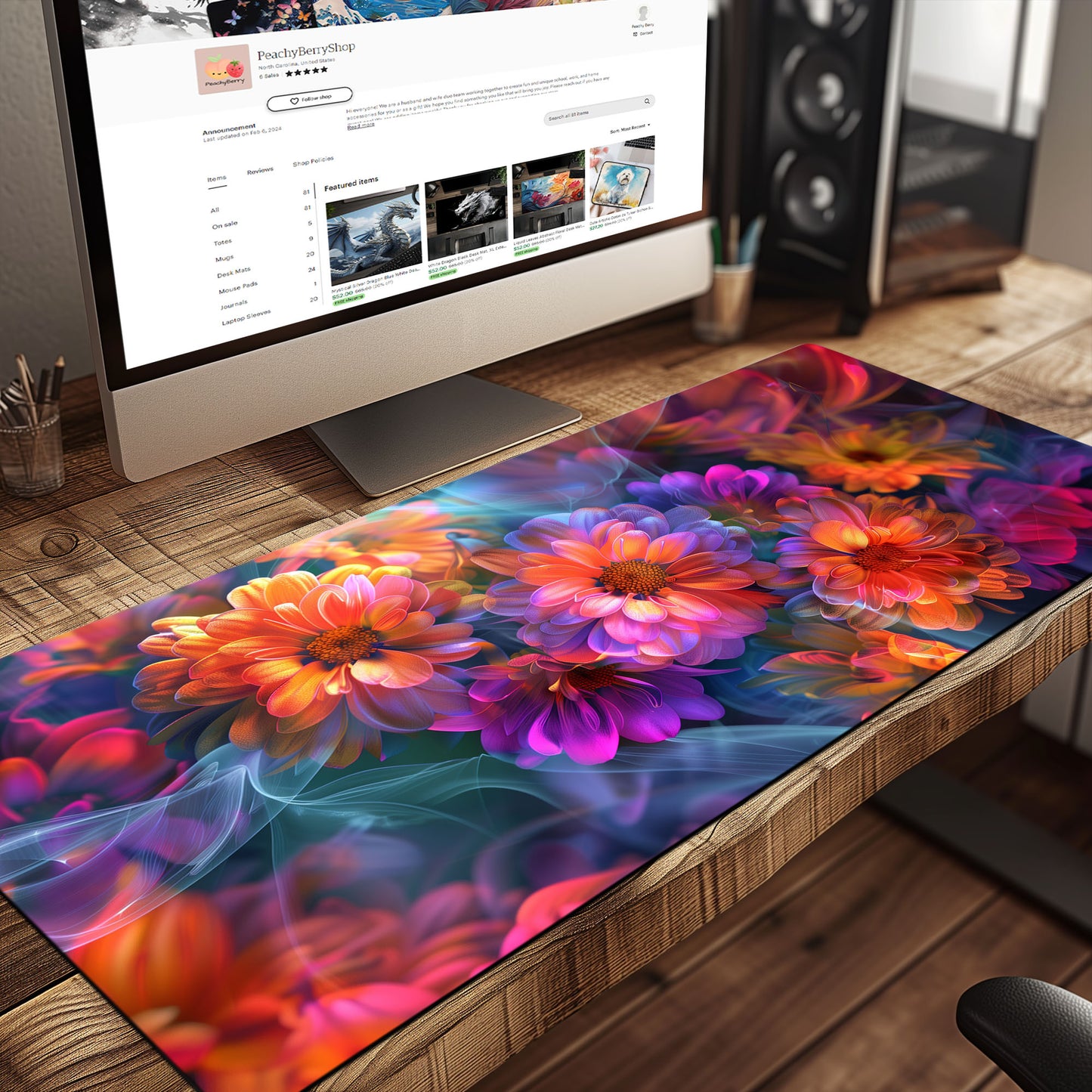 Fluorescent Neon Pop Chrysanthemum Floral Extended XL Gaming Mouse Pad