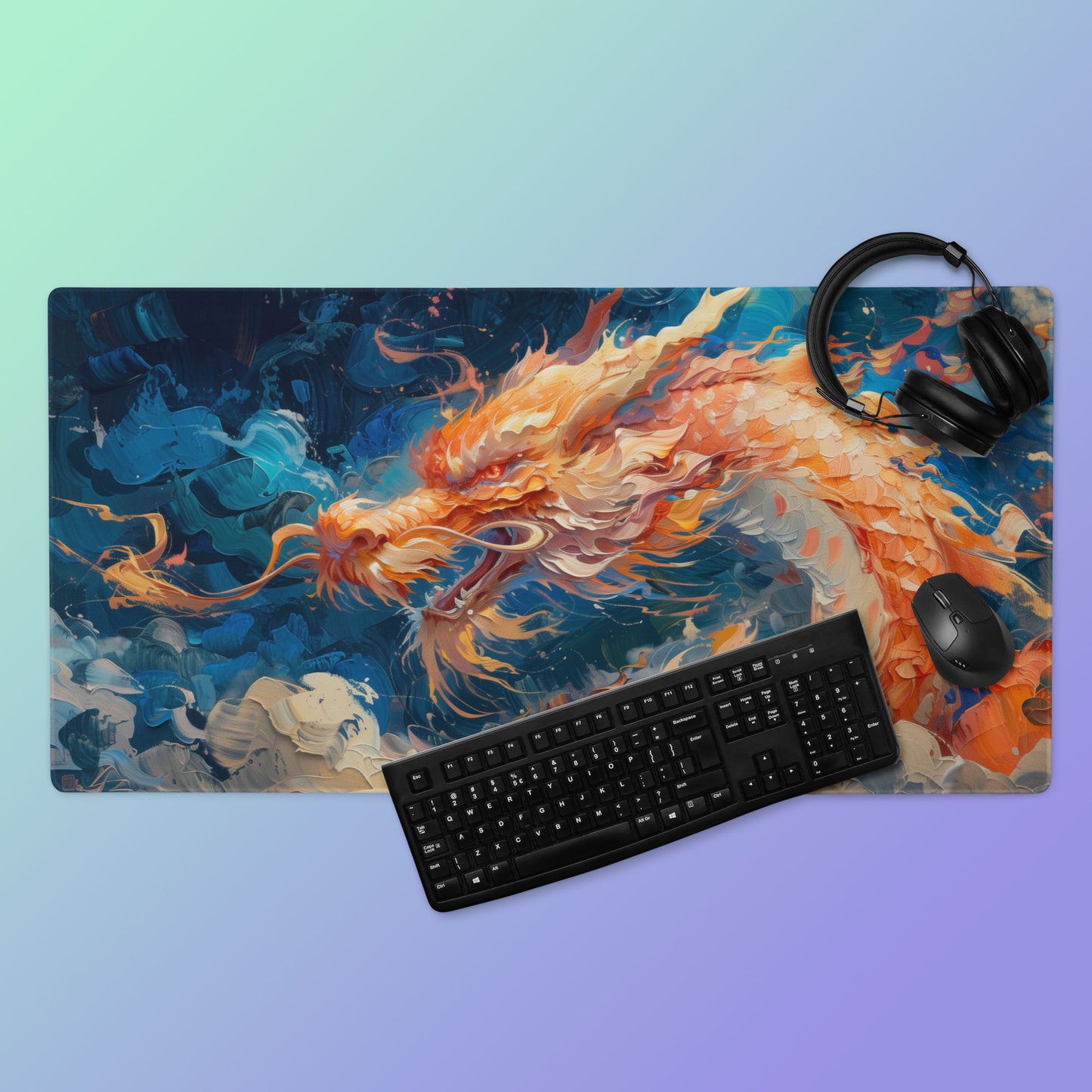 Fire Orange Dragon White Blue Extended XL Gaming Mouse Pad