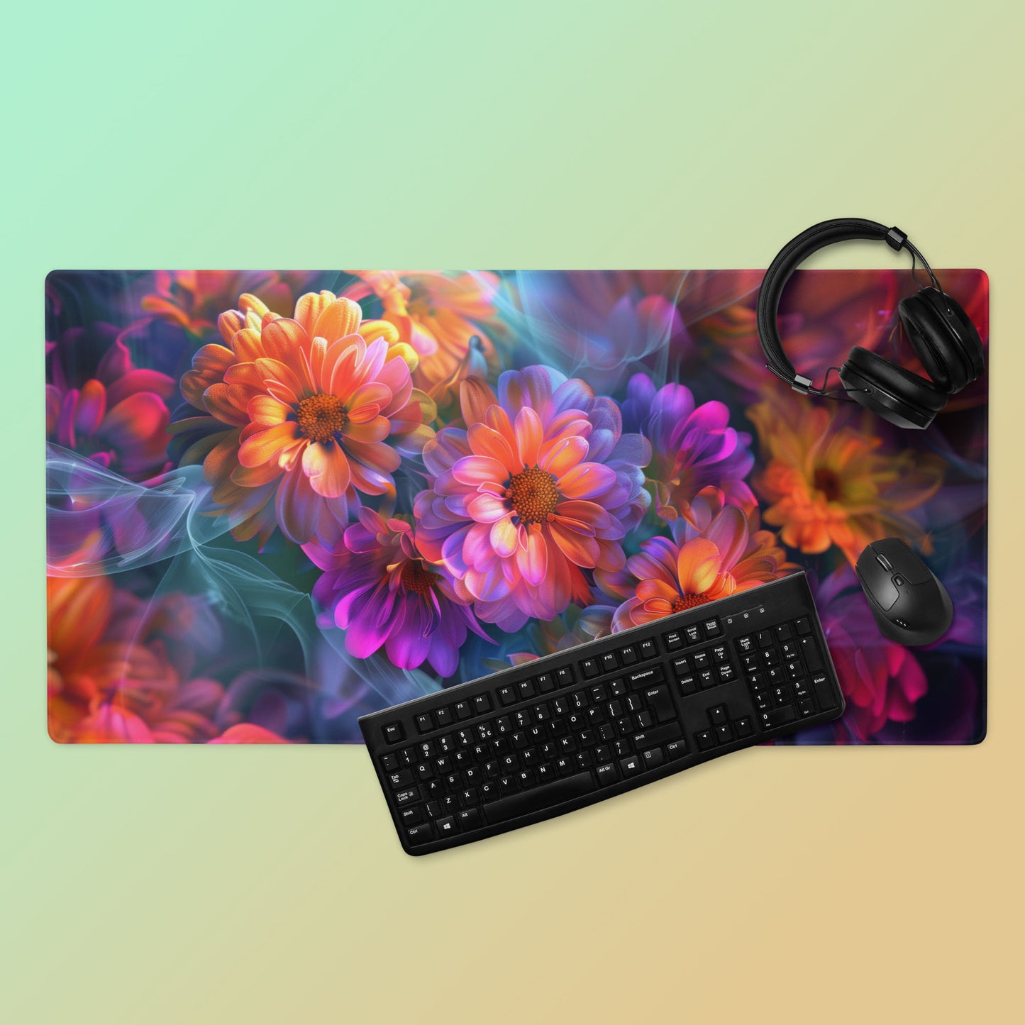 Fluorescent Neon Pop Chrysanthemum Floral Extended XL Gaming Mouse Pad