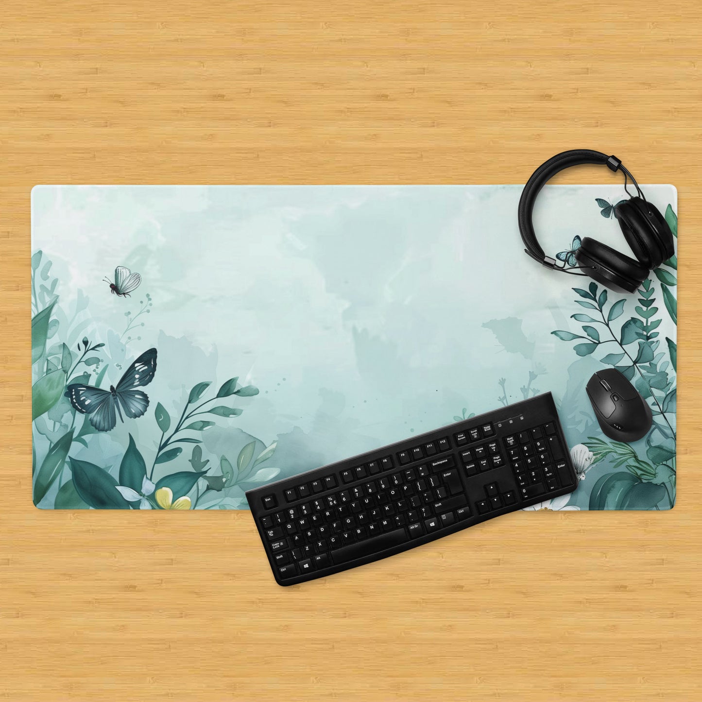 Aqua Blue Floral Butterfly Misty Extended XL Gaming Mouse Pad