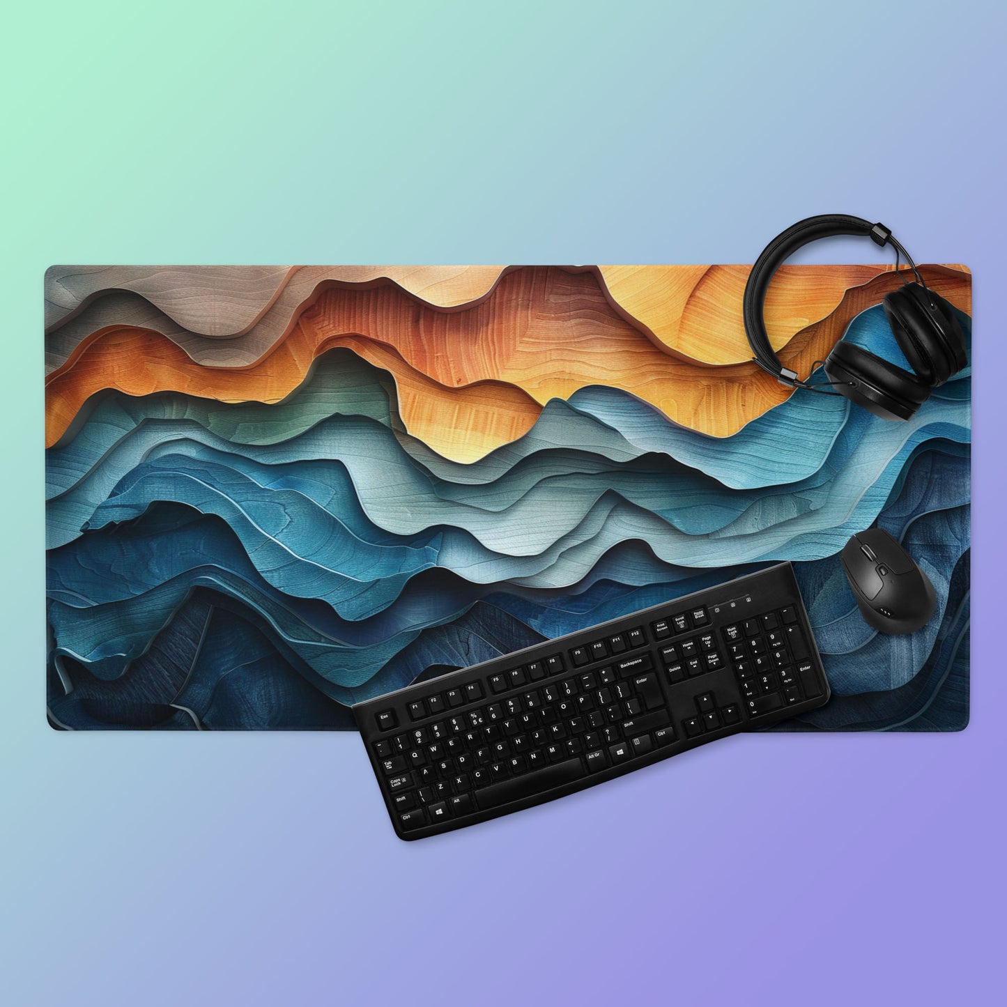 Boho Abstract Wood Landscape Desk Mat, Mountain Ocean and Steps Extended XL Gaming Mouse Pad