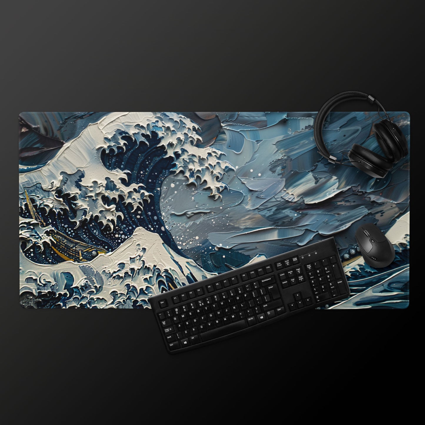 Impasto Style The Great Wave Hokusai Dark Blue Version Extended XL Gaming Mouse Pad