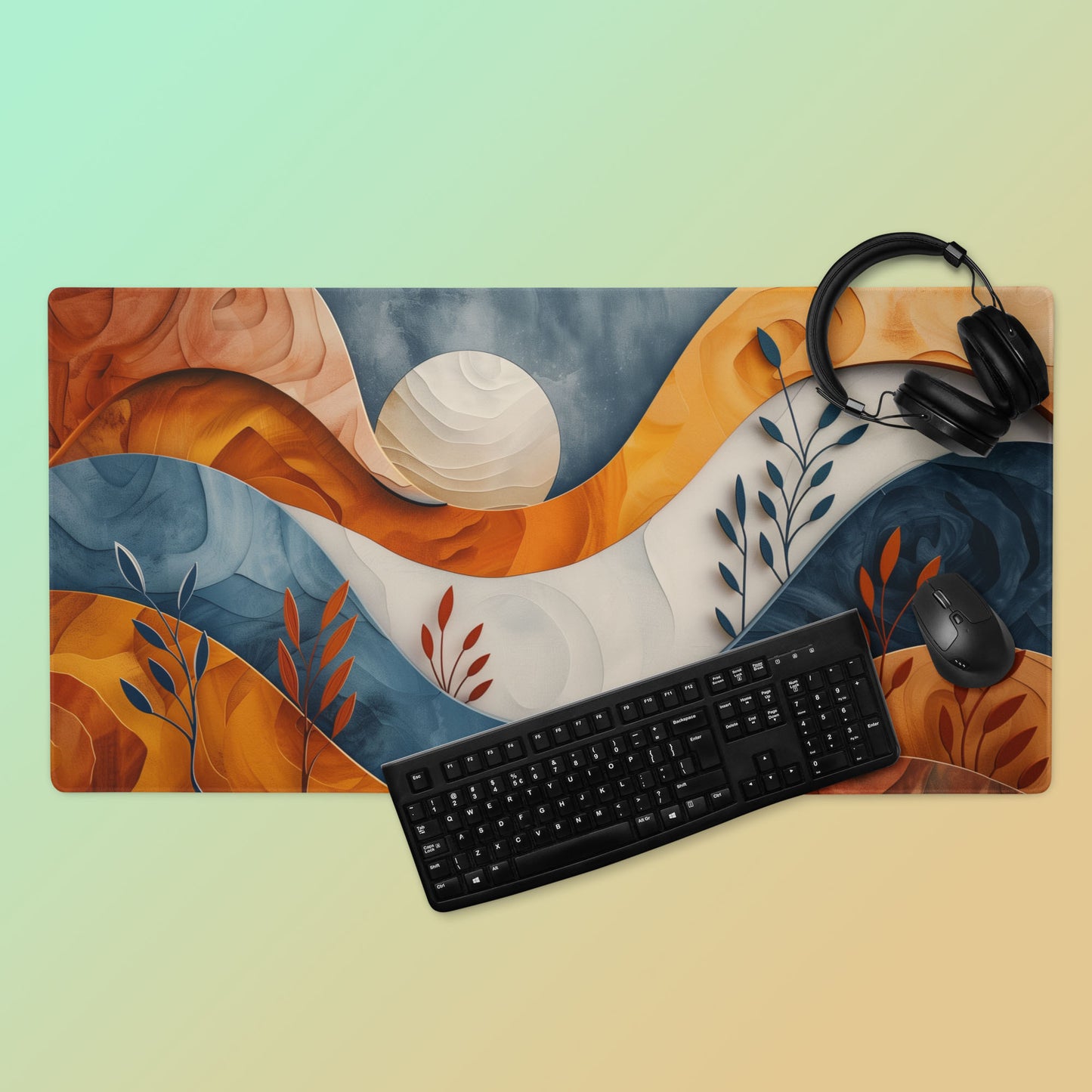 Boho Abstract Wood Landscape Desk Mat, Mountain Ocean and Moon Extended XL Gaming Mouse Pad