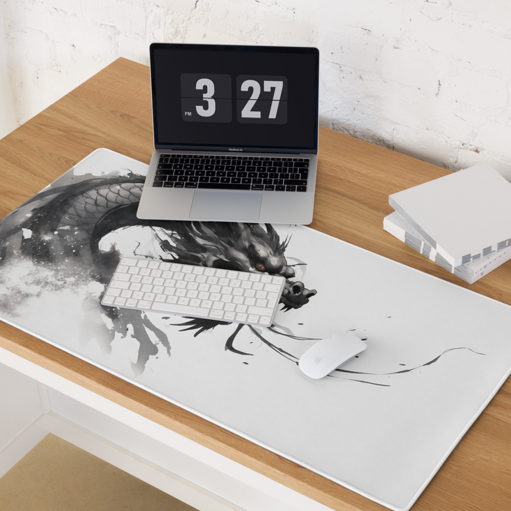 Japanese Ink Black Dragon White Minimalist Extended XL Gaming Mouse Pad